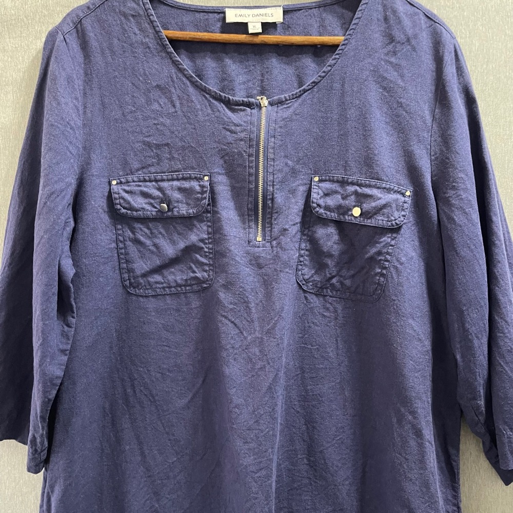 Emily Daniels Tunic Top Womens XL Navy Blue Linen Blend Roll Tab Sleeve Coastal - Picture 8 of 8